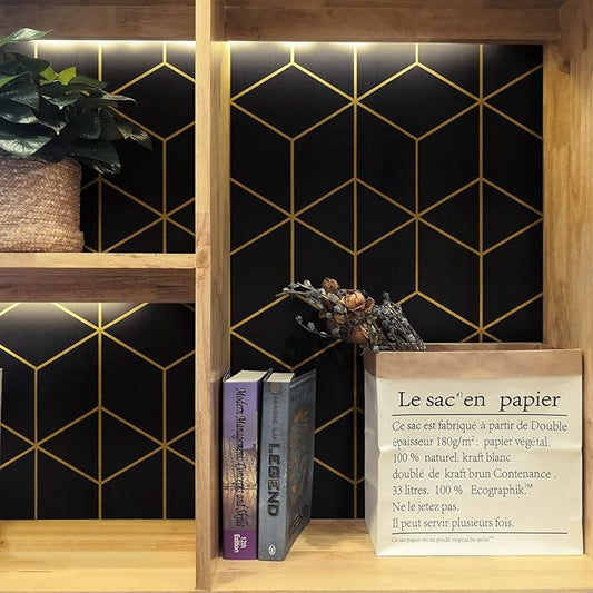 Safiyya 590"x17.3" Black Wallpaper Gold and Black Contact Paper Peel and Stick Geometric Wallpaper Removable Wallpaper for Walls Covering Vinyl Rolls