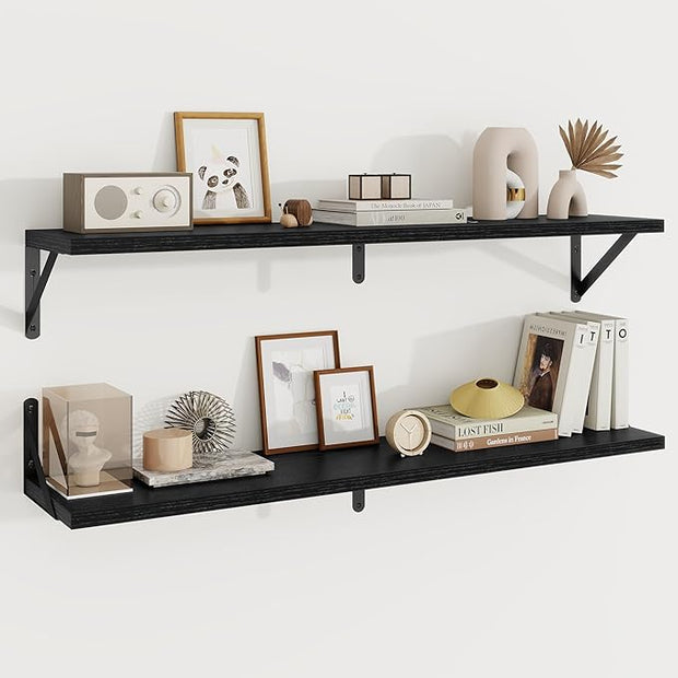 Floating Shelves, 8 Inch Deep Rustic Wood Wall Storage, 36W x 8D Wall Shelves Set of 2, Heavy Duty Metal Brackets, Industrial Book Shelf for Living Room, Kitchen, Bathroom, Bedroom, Black