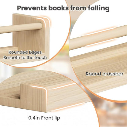 upsimples 2 Pack Nursery Book Shelves, 15.7 Inch Floating Bookshelves for Wall, Baby Nursery Decor, Small Solid Wood Wall Mounted Shelves for Baby Kids Boys Girls, Natural
