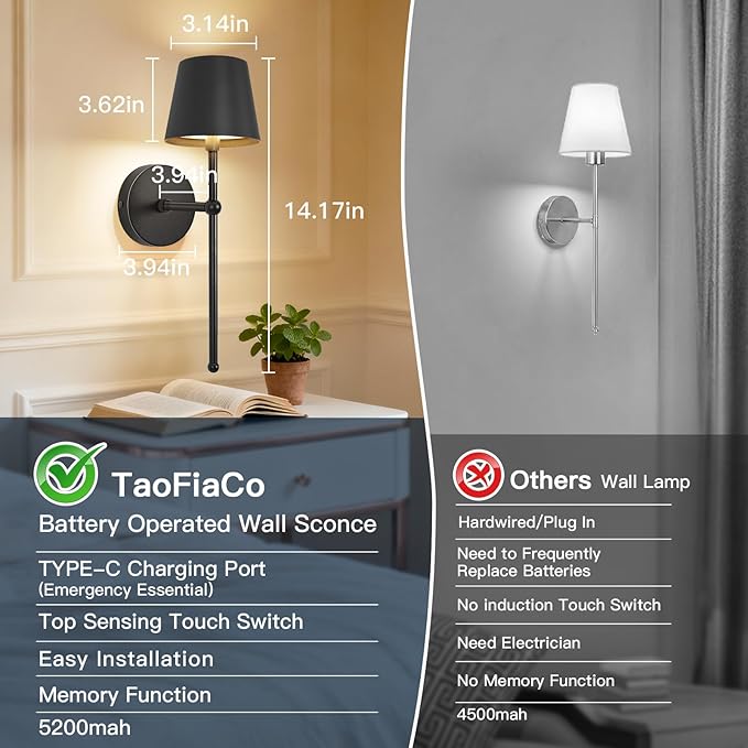 Battery Operated Wall Sconces Set of 2, Wireless Wall Sconce with Remote Dimmable Timer, Rechargeable 5200mAh, Cordless Wall Light for Bedroom Living Room, Hallway, Light Decor