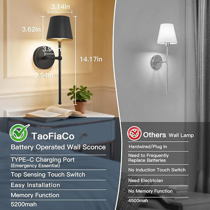 Battery Operated Wall Sconces Set of 2, Wireless Wall Sconce with Remote Dimmable Timer, Rechargeable 5200mAh, Cordless Wall Light for Bedroom Living Room, Hallway, Light Decor