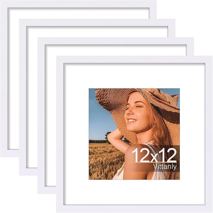 Vittanly 12x12 Picture Frames Set of 4, Display Pictures 8x8 with Mat or 12x12 without Mat, Gallery Frame for Wall Display, Engineered Wood with Shatter Resistant Plexiglass, White