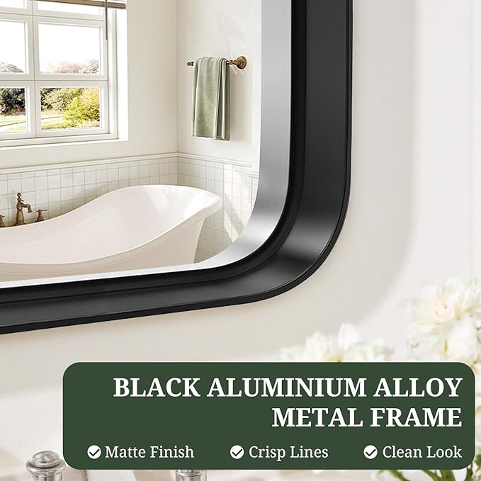 Bathroom Mirror 30x22 Inch Black Metal Frame Rectangle Vanity Mirror with Rounded Corners, Modern Wall Mounted Anti-Rust Mirror for Farmhouse, Restroom, Entryway, Horizontal or Vertical Hanging