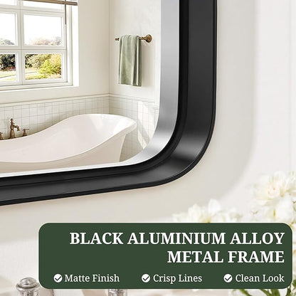 Bathroom Mirror 30x22 Inch Black Metal Frame Rectangle Vanity Mirror with Rounded Corners, Modern Wall Mounted Anti-Rust Mirror for Farmhouse, Restroom, Entryway, Horizontal or Vertical Hanging
