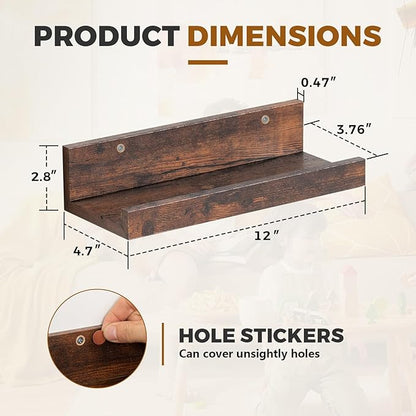 Muzilife 12" Small Floating Wall Ledge Shelves with Lip - Set of 2 Wood Floating Shelves - Rustic Brown Wall Mounted Picture Ledge for Office, Bathroom, Bedroom, Living Room, Kitchen