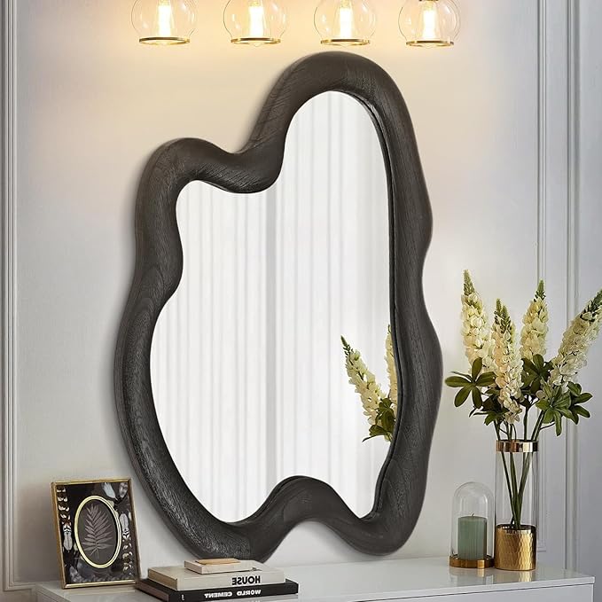 AAZZKANG Irregular Mirror Black Asymmetrical Wall Mounted Mirrors Large Modern Wood Frame Wall Mirror for Bathroom Bedroom Living Room Entryway 24