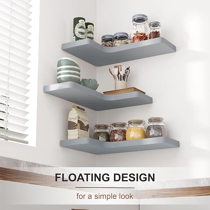 fuqing Corner Floating Shelves, Wall Shelf Set of 3, Shelves for Wall Storage, Solid Wood Shelves for Storage, Wall Mount Wooden Display Shelf for Bathroom Bedroom Kitchen Garage, Dark Grey