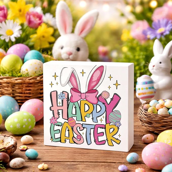 Easter Decorations for Home Happy Easter Bunny Wooden Box Sign, Cute Spring Table Decor, Farmhouse Easters Desk Decorations, Easters Porch Party Supplies, Holiday Shelf Plaque for Living Room Office