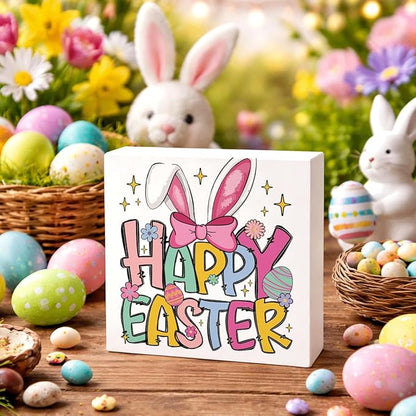 Easter Decorations for Home Happy Easter Bunny Wooden Box Sign, Cute Spring Table Decor, Farmhouse Easters Desk Decorations, Easters Porch Party Supplies, Holiday Shelf Plaque for Living Room Office