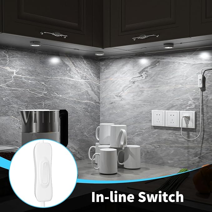 WOBANE Hardwired Under Cabinet Lights,Linkable LED Puck Lights with Switch,DIY Under Counter Lighting for Kitchen,Showcase,Bookcase,Recessed&Wall Plug in,White 6000K,120V,Set of 3