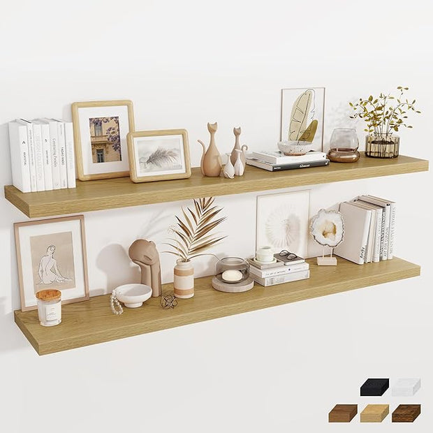 Fun Memories 12 Inch Deep Floating Shelves, 67 Inch Long Extra Large Floating Shelves Set of 2, Rustic Wood Wall Shelves for Living Room, Kitchen, Bedroom, Farmhouse, Laundry Room, Home Office - Oak
