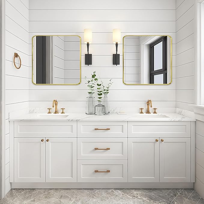 Wall Mount Mirror for Bathroom, Brushed Gold Metal Framed Rounded Corner Square Rectangular Vanity Mirror (30