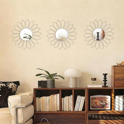 3 Pack Metal Mirrors for Wall Sunburst Wall Mirrors Home Décor Decorative Hanging Wall Art for Living Room Bedroom Entryway (White, Flowers)