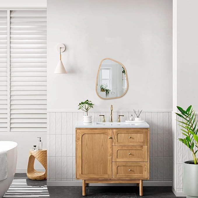 Irregular Bathroom Mirror Modern Wall Mirror Asymmetrical Wooden Framed Wall Mirror Unique Shape Wall Mounted Vanity Artistic Mirror Decor for Living Room Bedroom Entryway Small 16