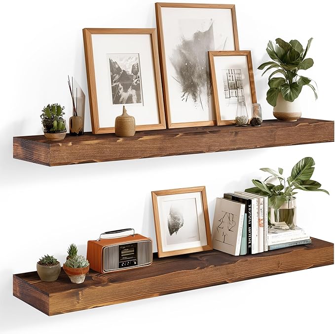 36x6.8x2 Inch Rustic Floating Shelves for Wall Set of 2 - Brown Solid Wood Wall Mounted Shelves with Invisible Bracket, Extended Design for Farmhouse Living Room Bedroom Kitchen Decor