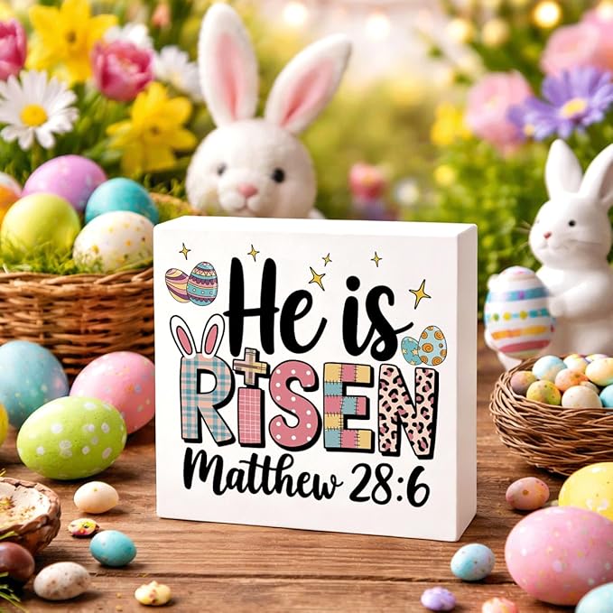 Christian Easter Decor He Is Risen Matthew 28:6 Wooden Sign, Religious Bible Verse Bunny Cross Design, Rustic Farmhouse Easter Desk Decorations for Home Living Room Shelf Plaque