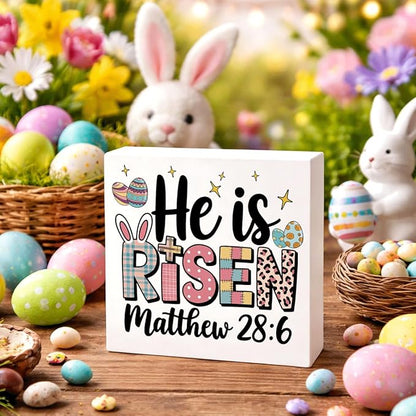 Christian Easter Decor He Is Risen Matthew 28:6 Wooden Sign, Religious Bible Verse Bunny Cross Design, Rustic Farmhouse Easter Desk Decorations for Home Living Room Shelf Plaque