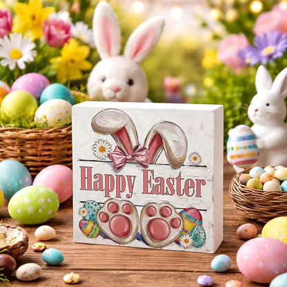 Easter Tiered Tray Decor Happy Easter Bunny Wooden Box Sign, Rustic Farmhouse Spring Desk Tabletop Decoration, Easter Shelf Plaque for Home Living Room Kitchen