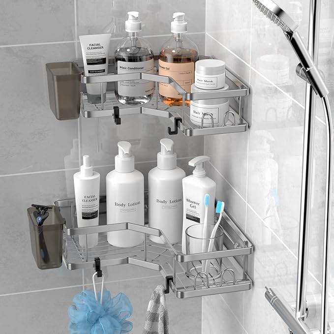 Corner Shower Caddy Bathroom Organizer: AKTECKE 2 Pack Adhesive Shelf Decor- No Drilling Stainless Steel Storage Rack with Hooks and Toothpaste Holder - Accessories Stuff