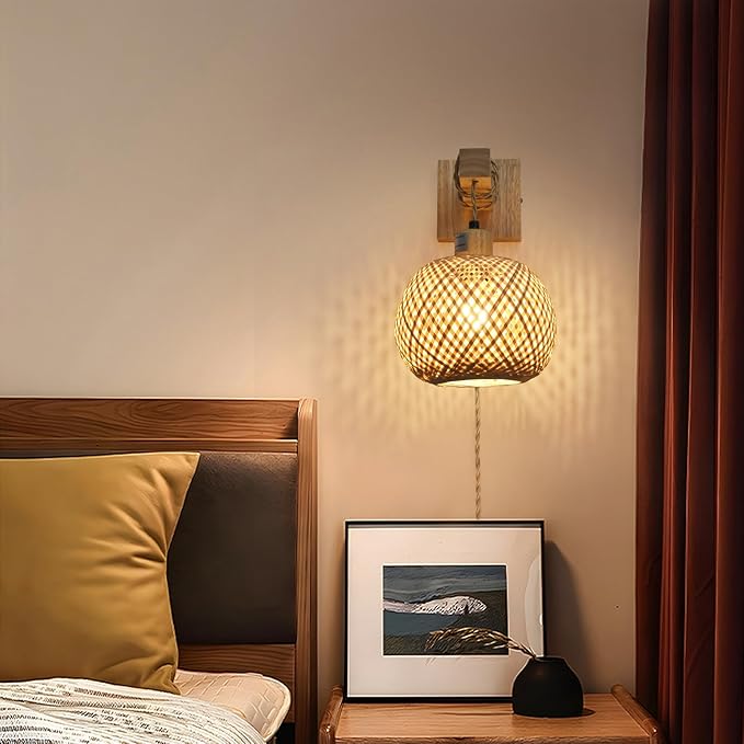 Bamboo Plug in Wall Sconces Set of Two, Hand Woven Boho Wall Lamp Plug in Cord Wall Sconces for Bedroom Living Room Farmhouse