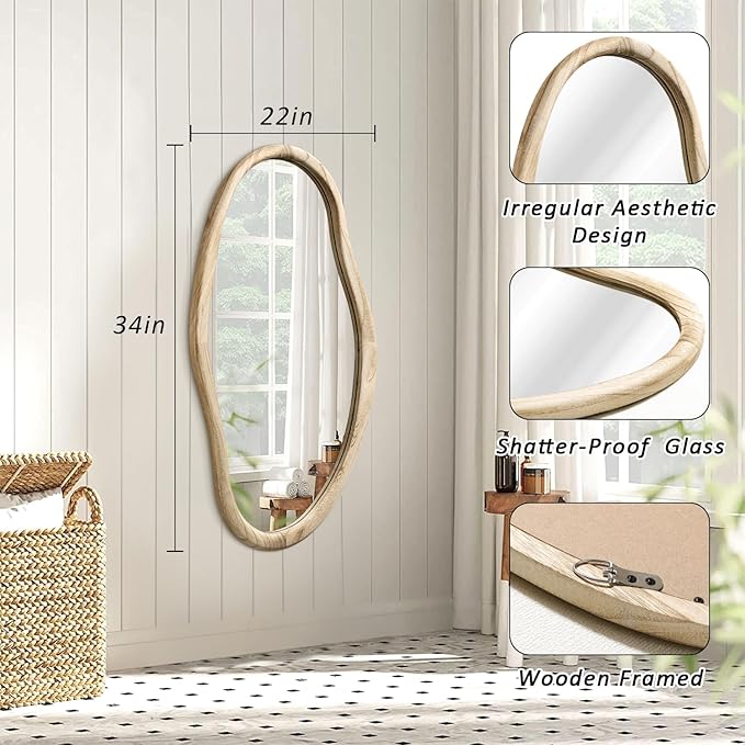 JJUUYOU Irregular Wood Mirror Asymmetrical Bathroom Wall Mounted Mirror 34