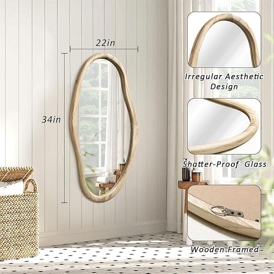 JJUUYOU Irregular Wood Mirror Asymmetrical Bathroom Wall Mounted Mirror 34"x22" Large Horizontal or Vertical Hanging Wall Mirrors for Makeup Bedroom Living Room Wood