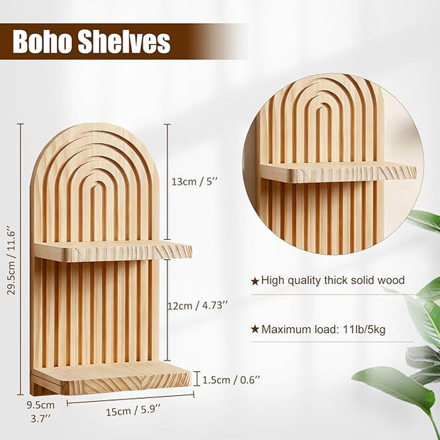 Artilady 2 Pack Boho Wall Hanging Shelves - 2 Tier Handmade Rainbow Arch Solid Wood Floating Shelf Wall Decor Trinket Storage Rack for Bedroom Living Room Nursery Bathroom