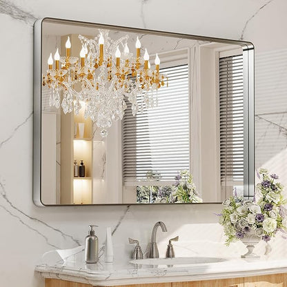 LOAAO 48X32 Inch Brushed Nickel Bathroom Mirror, Rounded Rectangle Silver Metal Frame Mirror, Brushed Nickel, Anti-Rust, Shatter Proof, Hangs Horizontally or Vertically