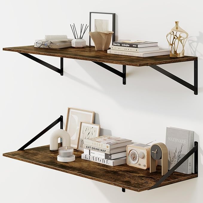 Fun Memories Floating Shelves for Wall, 12 Inch Deep Floating Shelves Set of 2, 36W x 12D Large Wall Shelf with Sturdy Metal Brackets for Living Room, Bathroom, Bedroom and Kitchen, Rustic Brown