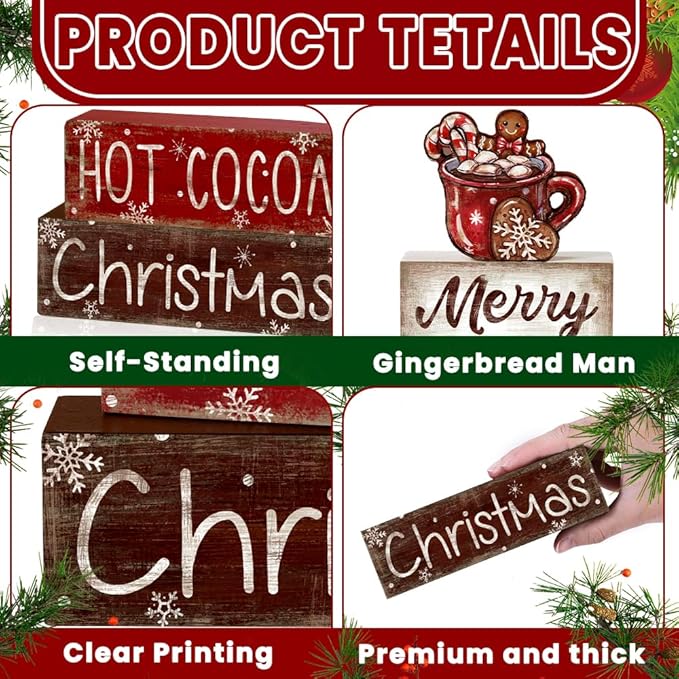 DIYDEC 4Pcs Christmas Wooden Tabletop Decoration Hot Cocoa Wooden Block Signs Gift Rustic Xmas Tiered Tray Decor Merry Christmas Centerpiece Sign Farmhouse Winter Table Home Party Decor