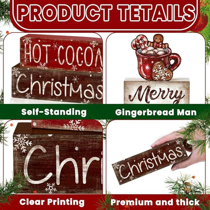 DIYDEC 4Pcs Christmas Wooden Tabletop Decoration Hot Cocoa Wooden Block Signs Gift Rustic Xmas Tiered Tray Decor Merry Christmas Centerpiece Sign Farmhouse Winter Table Home Party Decor
