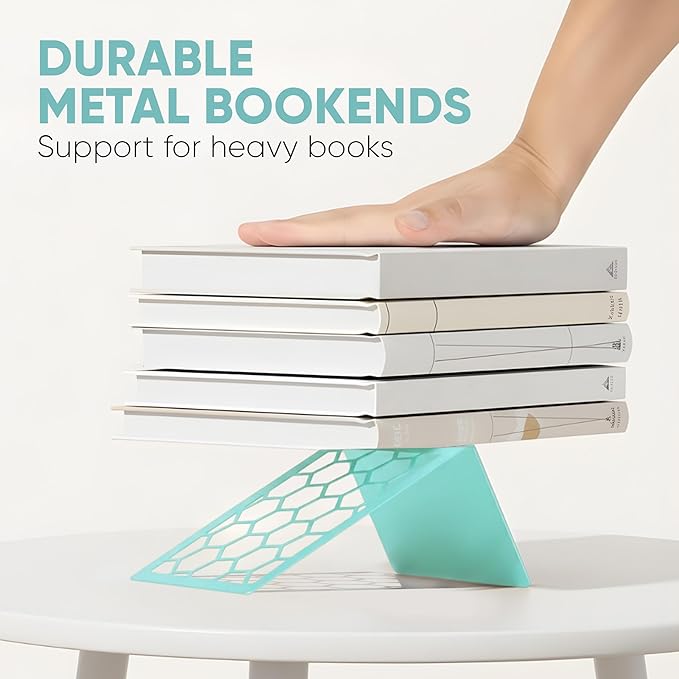 GEOMOD Geometric Honeycomb Turquoise Metal Bookends Decorative - Tall Sturdy Book Ends for Shelves - Modern Heavy Duty Bookend Stopper - Office Shelf Book Holder - 6x3.25x6.25 Inches - 1 Pair