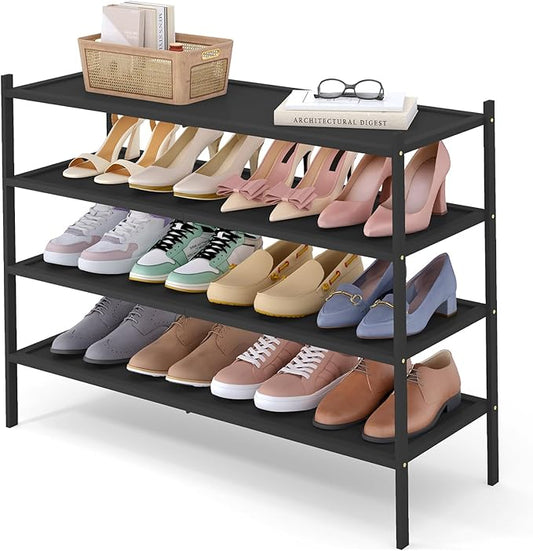 Smiry Bamboo Long Shoe Rack, 4 Tier Shoe Organizer for Entryway & Closet, Stackable Free Standing Storage Shelf for Shoes, Bags & Plants, Black