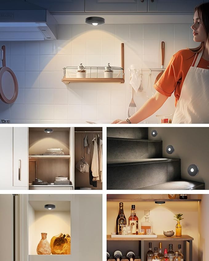 Rechargeable Puck Lights, 12-Pack LED Tap Lights with Remote, 1500mAh Battery, Dimmer & Timer, Wireless Stick-On Under Cabinet Lights for Closet, Bedroom, Kitchen, Black