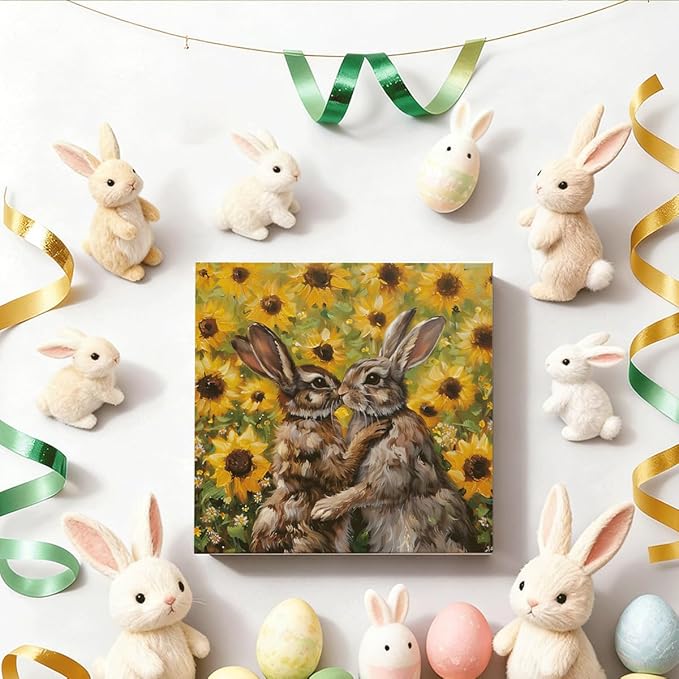 Easter Bunny Wooden Box Sign, Spring Rabbit Sunflower Farmhouse Desk Decor, Easter Decorations for Home Living Room Bedroom Shelf Tabletop Gift 5x5 Inch