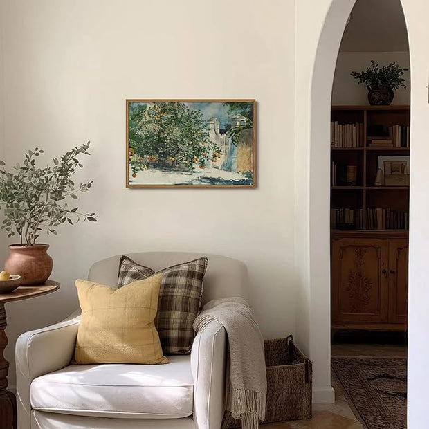 OIQArtOIQ Framed Vintage Landscape Wall Art Orange Trees Still Life Oil Painting Canvas Prints Country Farmhouse Aesthetic Fall Decor Pictures for Kitchen Bedroom Living Room Bathroom