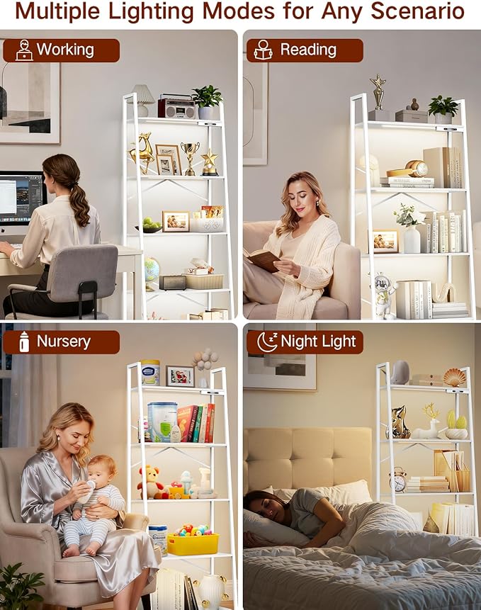 5-Tier Wide Ladder Shelf with LED Lights, Touch & Remote Control, 3 Color Temperatures, Dimmable Tall Corner Standing Bookcase, Metal Wood Display Shelf for Living Room, Bedroom(White)
