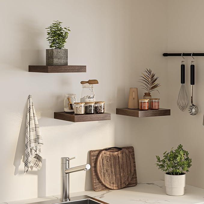 Square Floating Shelves for Wall, 12" W x 12" D x 1.4" H, Small Wooden Wall Mounted Display Shelves with Invisible Brackets for Living Room, Bedroom, Bathroom, Kitchen Decor, Set of 3, Walnut