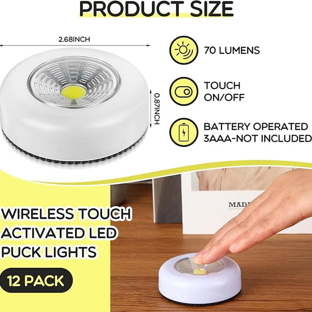 Macarrie 12 Pack Wireless LED Puck Lights, Under Cabinet Lighting, 70 Lumens Portable Touch Light, Stick on Battery Powered, for Kitchen Closets Cabinets Garage Bedroom Shelf(Classic Style)