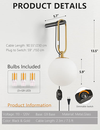 Dimmable Plug in Wall Sconces Set of 2, Modern Globe Wall Light with Rotary Dimmer Switch, Black & Gold Finish with Opal Glass Shade, 7.5Ft Cord & Dimmable G9 Bulb Included for Bedroom Bedside