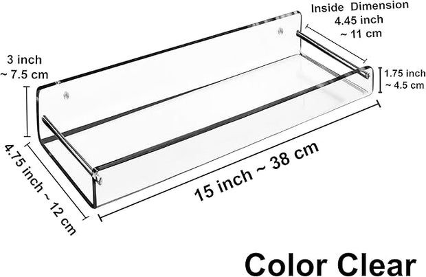 AMT 2 Pack Acrylic Floating Shelves, 15" L x 4.8" W, Clear Bathroom Wall Shelf, Bookshelves, Invisible Display for Office, Bedroom, Small Gap Allows Water to Escape, Free Screws & Drill Bit (Medium)