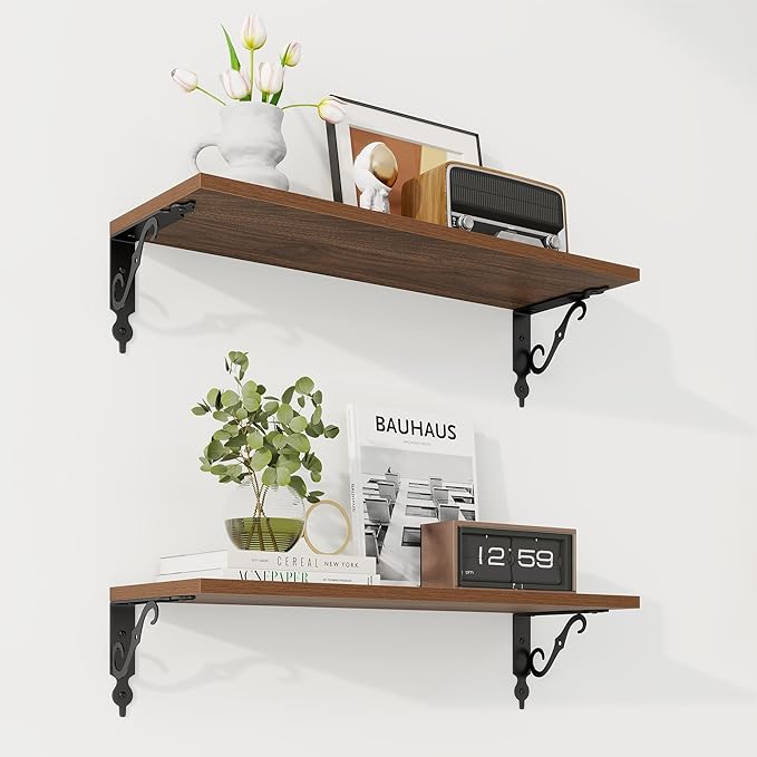 RICHFOCUS Floating Shelves for Wall Decor, 24Inch Shelves Set of 2, 24W x 8D Floating Shelves Wall Mounted with Metal Brackets, Rustic Wood Shelves for Living Room Bedroom Kitchen, Walnut