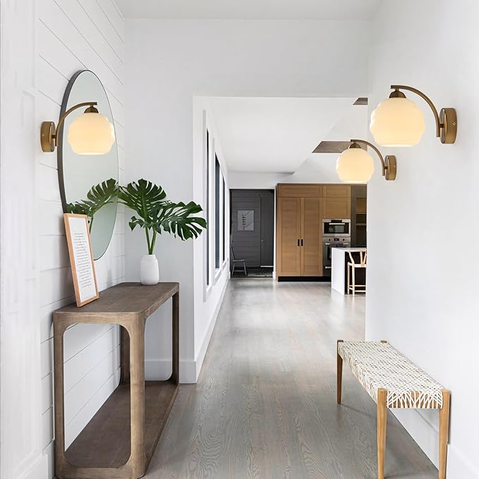 Milk Glass Wall Sconce Brushed Gold Wall Sconce Globe Vanity Lights Sconces Set of 2 Mid Century Wall Mounted Light Modern Bathroom Sconces Wall Lighting Set of 2 Bathroom Wall Lamp