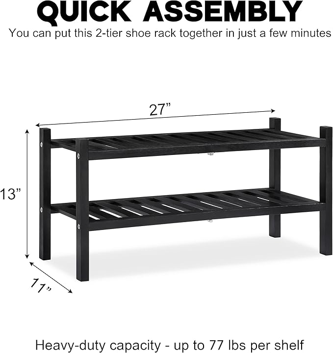2-Tier Acacia Wood Shoe Rack - Stackable Entryway Organizer for Closet, Entryway, Easy Assembly, Indoor/Outdoor Storage Stand (Black)