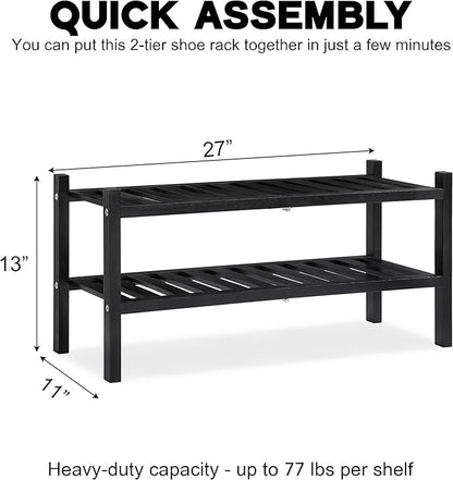 2-Tier Acacia Wood Shoe Rack - Stackable Entryway Organizer for Closet, Entryway, Easy Assembly, Indoor/Outdoor Storage Stand (Black)