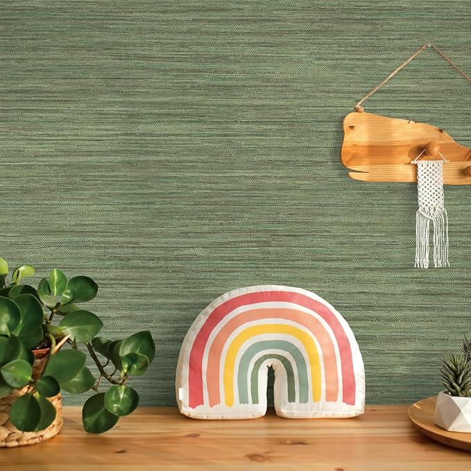 Tempaper Textured Green Horizontal Faux Grasscloth Removable Peel and Stick Wallpaper, 20.5 in X 16.5 ft, Made in The USA