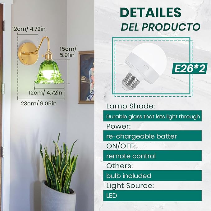 Battery Operated Wall Sconces, Set of Two RGB Color Dimmable Wall Sconce with Remote, Green Glass Lampshade Wall Decor Set of 2 for Living Room, Bedroom, Bedside, Bathroom