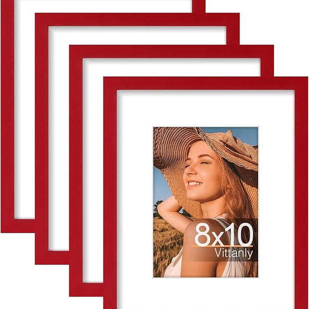 Vittanly 8x10 Picture Frame Set of 4, Display Pictures 5x7 with Mat or 8x10 without Mat, Gallery Wall Frame Set for Wall or Tabletop Display, Engineered Wood with Shatter Resistant Plexiglass, Red
