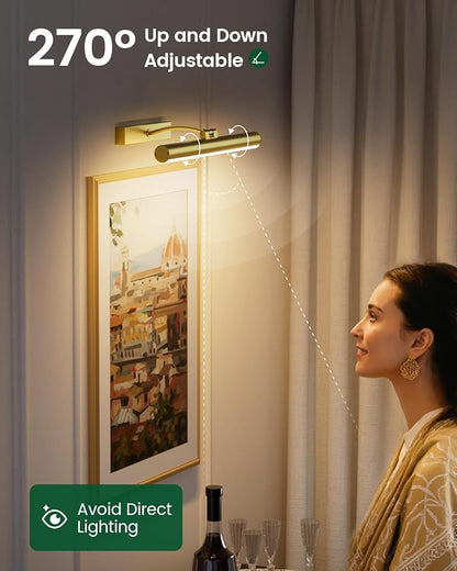 Bridika Picture Lights for Wall Battery Operated with Remote, 3 Color Modes and Dimmable Rechargeable Art Lights for Paintings, Gallery, Bedroom, Bathroom with Timer Gold 1