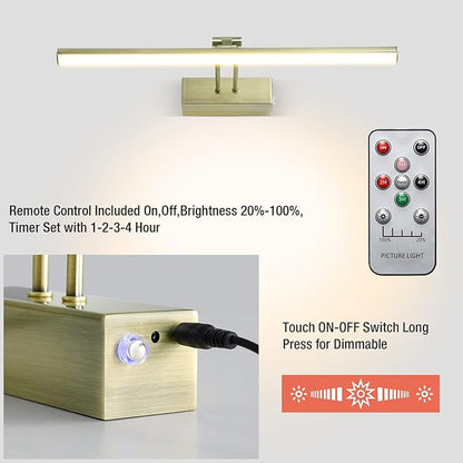 Picture Light,Battery Operated Picture Light with Remote, 16" Metal Art Light for Paintings,Rechargeable Display Lighting of Wall,Portrait,Gallery,Artwork(Antique Brass)